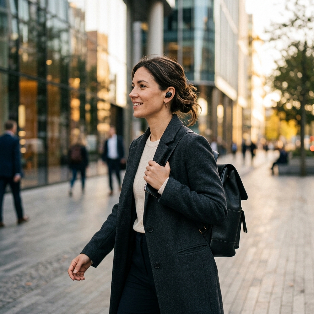 Person wearing Ordo smart earbuds in daily life